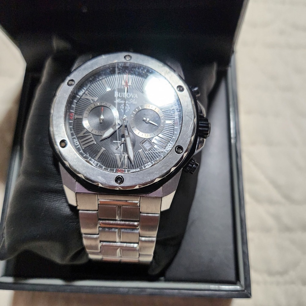 Bulova Marine Star 98B104 Mens Chronograph Black Dial Stainless Steel Watch